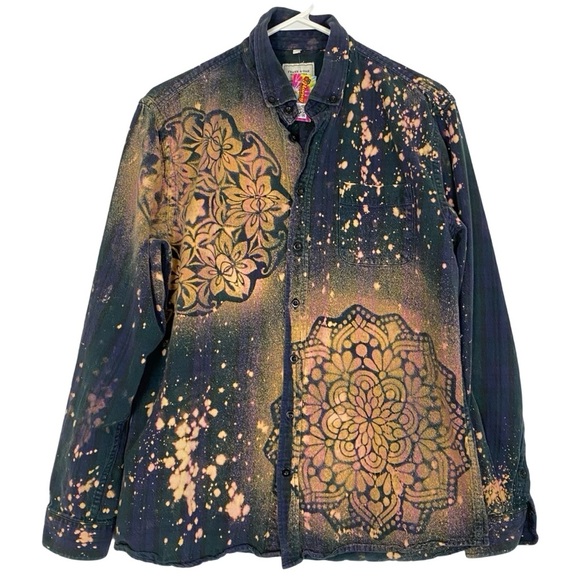 Frank & Oak Flannel Shirt Women Size Large Boho Floral Stencil Bleached Handmade - Picture 1 of 14